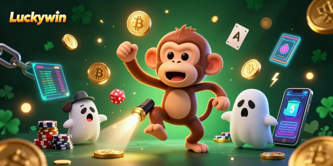 Engage with Luckywin's thrilling atmosphere as a mischievous monkey juggles gold in a haunted casino.