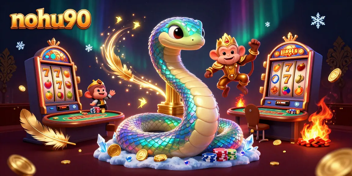 Play slots and win with nohu90 in a dynamic casino scene featuring vibrant characters and gaming elements.