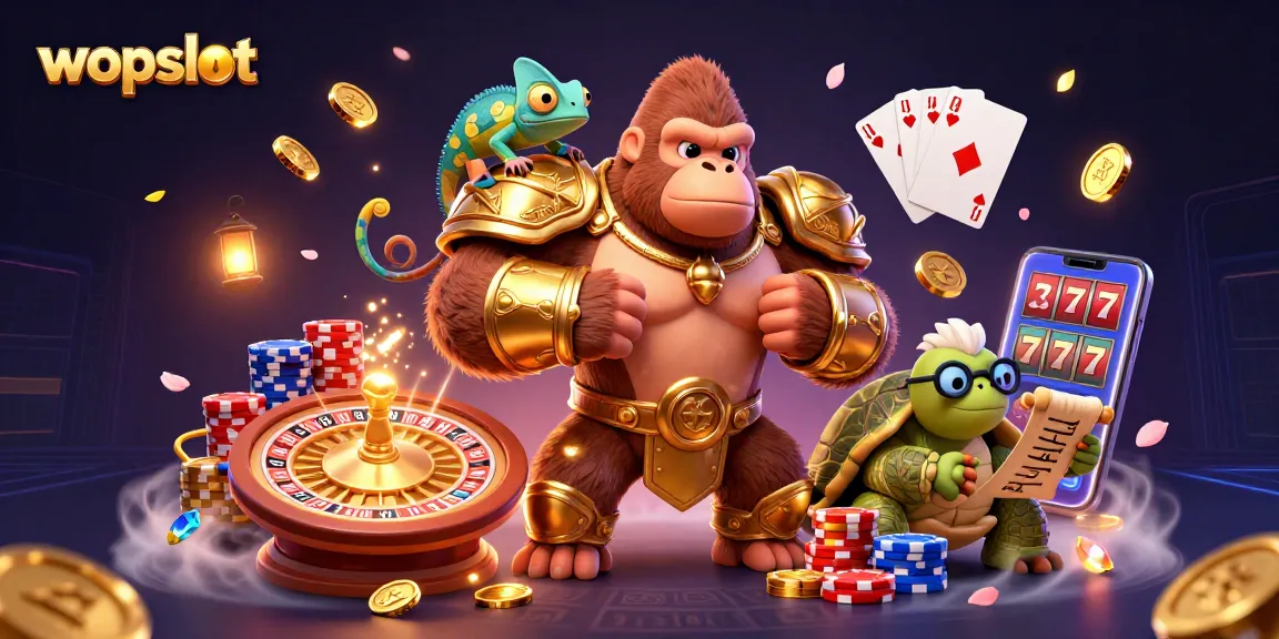 Experience thrilling gameplay with wopslot's vibrant casino illustration showcasing slots, coins, and characters