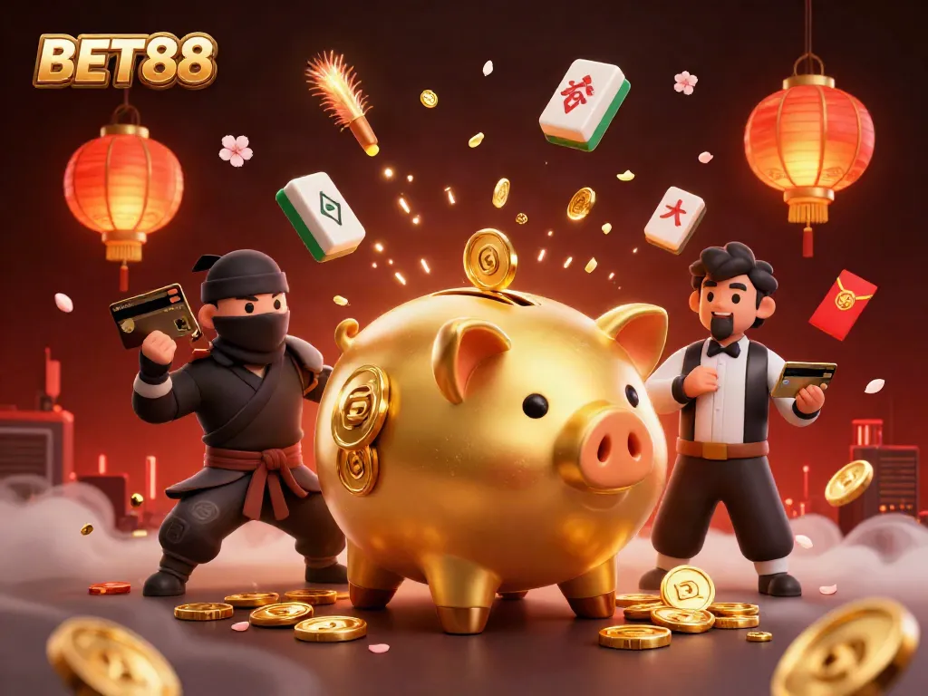 Experience winning at BET88 with dynamic gaming atmosphere featuring golden piggy bank and neon elements.