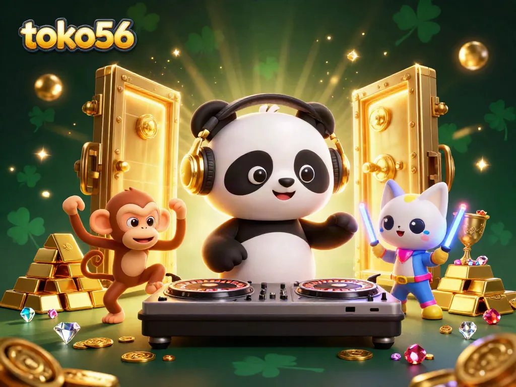 Tokopedia di toko56 menampilkan ilustrasi kasino 3D yang penuh warna dan energi dengan berbagai elemen permainan.