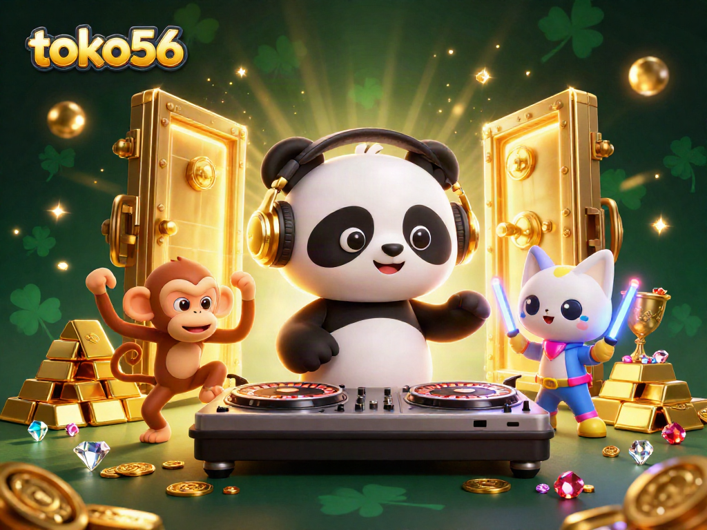 Tokopedia di toko56 menampilkan ilustrasi kasino 3D yang penuh warna dan energi dengan berbagai elemen permainan.