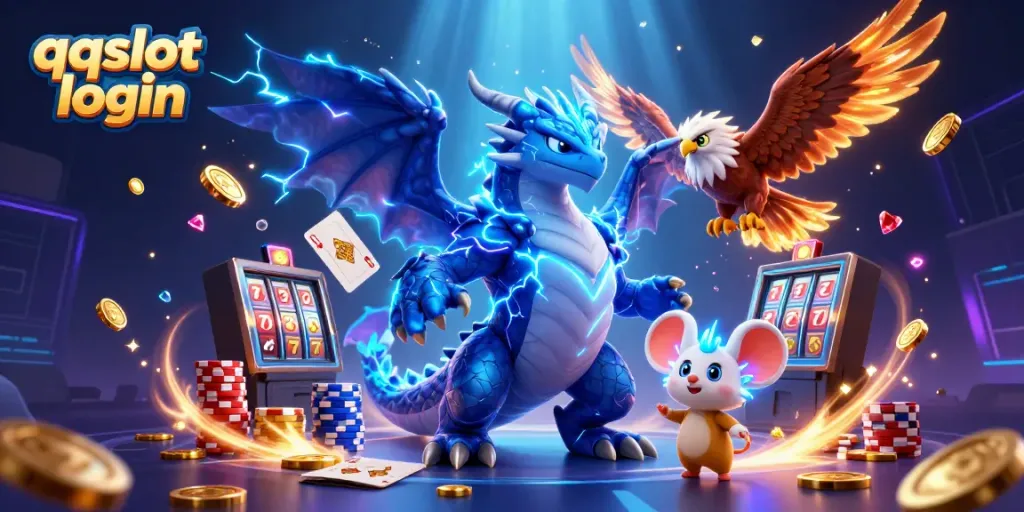 Engage with the thrilling qqslot login experience featuring vibrant casino elements and lively characters.