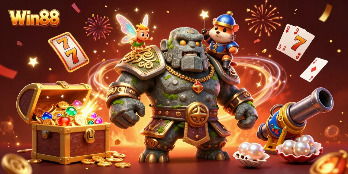 Win88 slot guardians celebrate with coins and treasure in this vibrant 3D illustration scene.