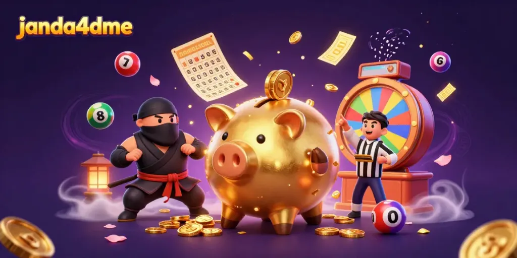 Menangkan taruhan Anda dengan janda4dme, celengan emas, dan bola lotere berwarna.