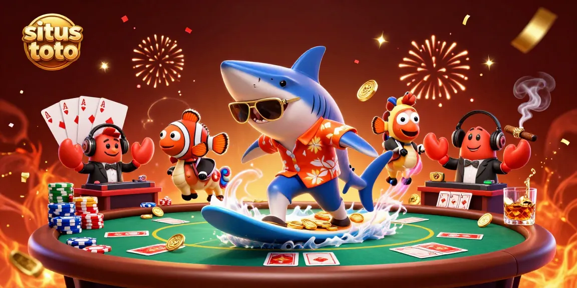 Experience the excitement of situs toto with a lively 3D shark surfing on gold coins!