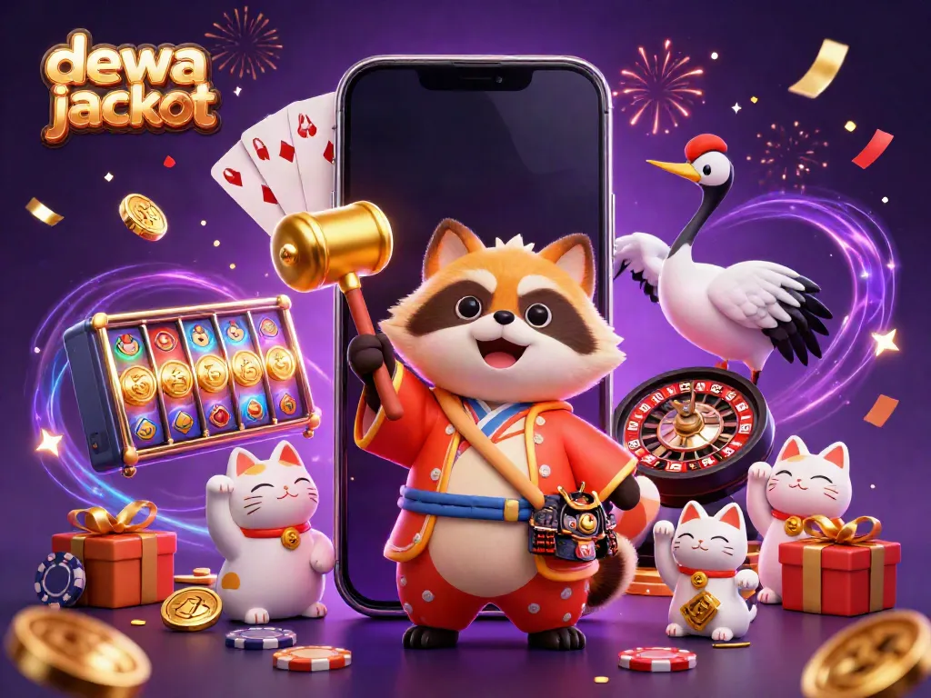 Bermain dewa jackpot di dunia slot dengan karakter ramai dan elemen kasino berwarna-warni.