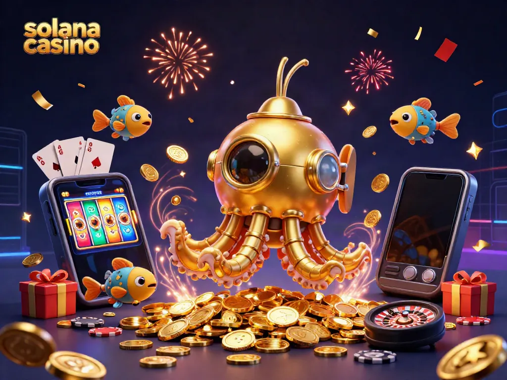 Experience the excitement of a solana casino with a golden kraken submarine among vibrant game elements.