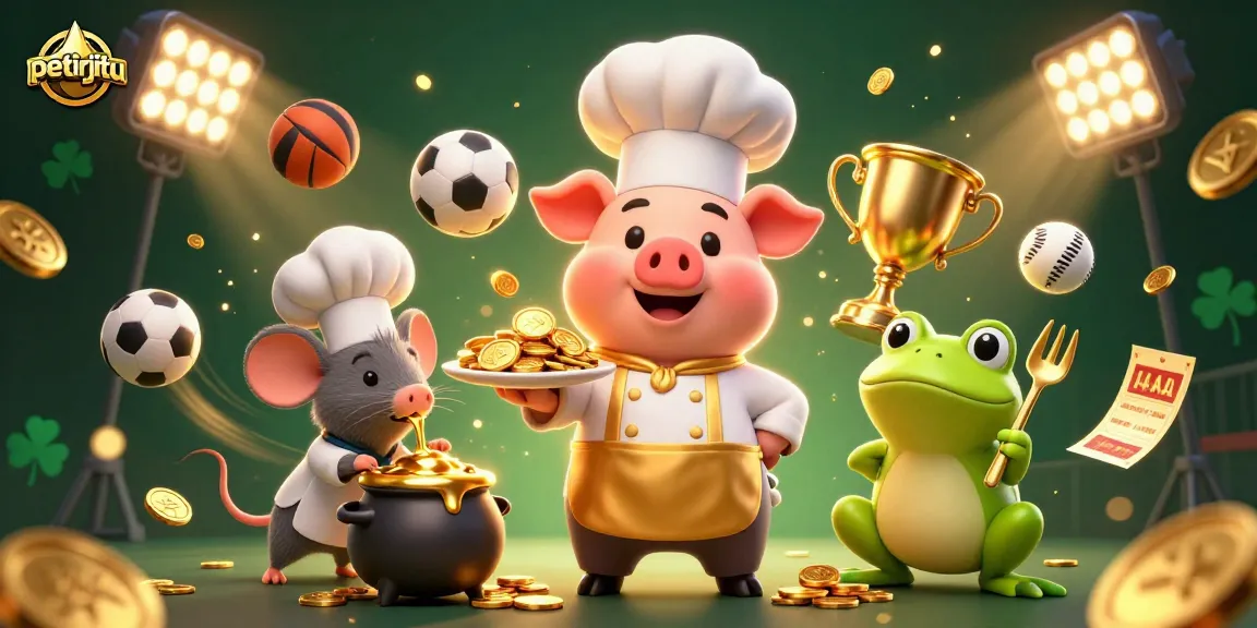 Petirjitu menampilkan pig chef dengan koin emas, dikelilingi bola olahraga, menggoda para penjudi.