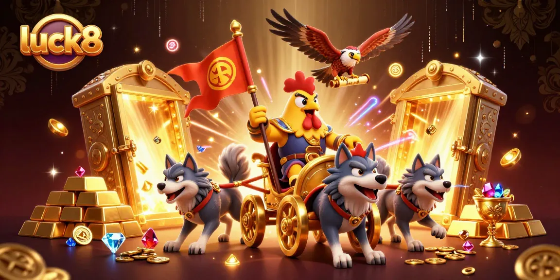 Engage in luck8's exciting gameplay with a 3D rooster warlord amidst sparkling treasures.