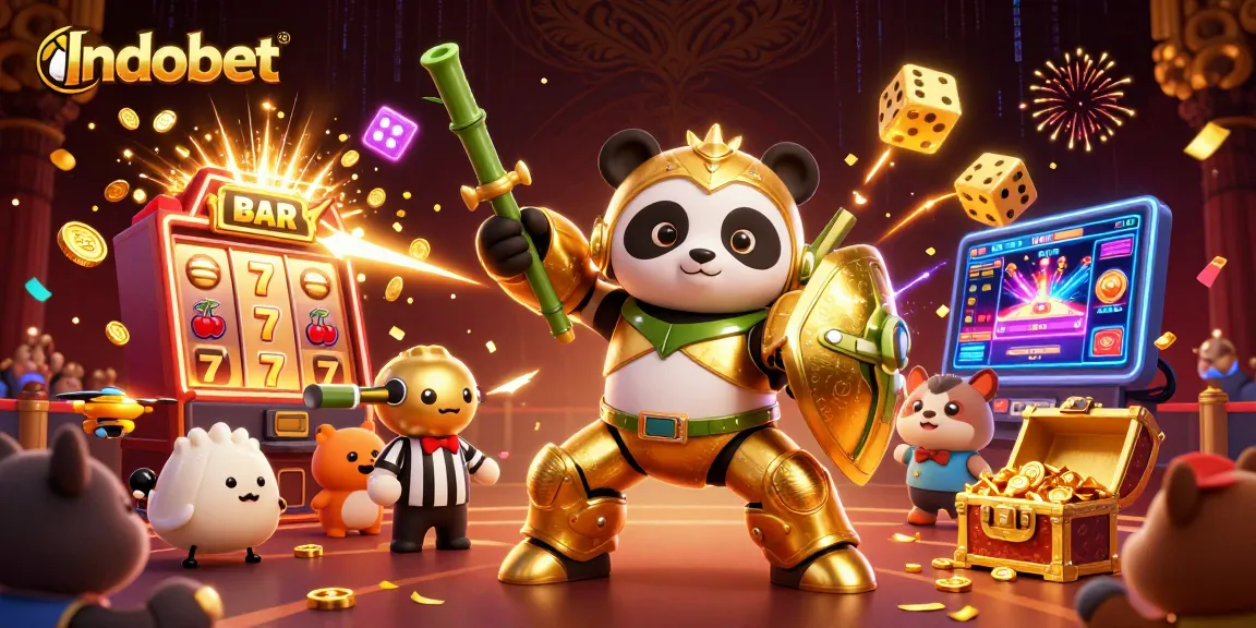 Indobet menghadirkan aksi seru kasino dengan slot mesin, panda robot, dan suasana meriah.