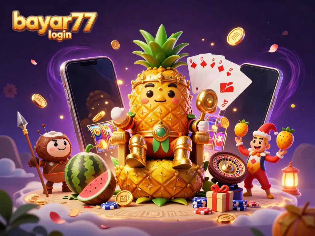 Engage with bayar77 login amidst a vibrant beach casino scene filled with playful characters and lively game elements.