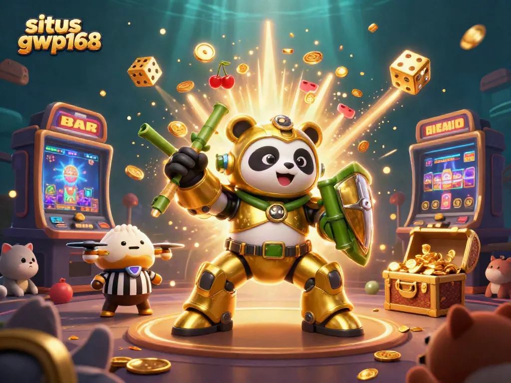 Gambarkan situs gwp168 di arena slot dengan panda emas dan mesin slot mempesona.