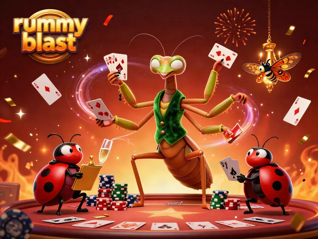 Join the excitement of rummy blast with characters dealing cards and pouring champagne in a vibrant casino scene.