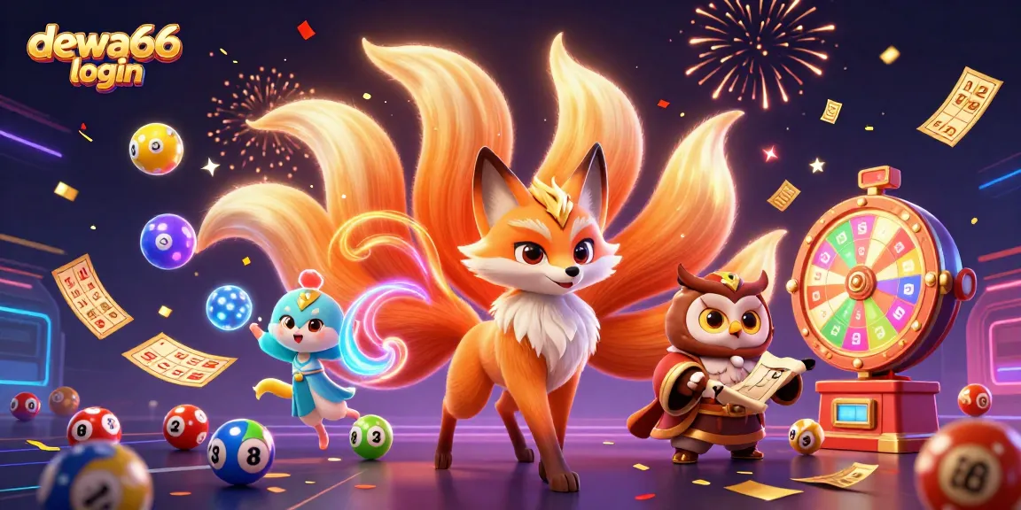 Engage in the excitement of the dewa66 login with colorful lottery balls and festive characters.