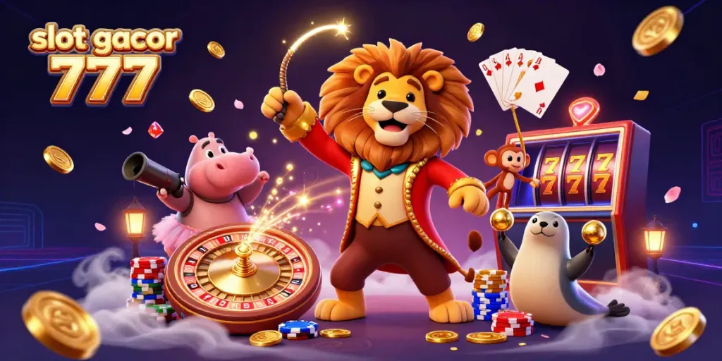 Ilustrasi 3D slot gacor 777 menunjukkan singa ringmaster dan karakter lainnya, dikelilingi simbol permainan.