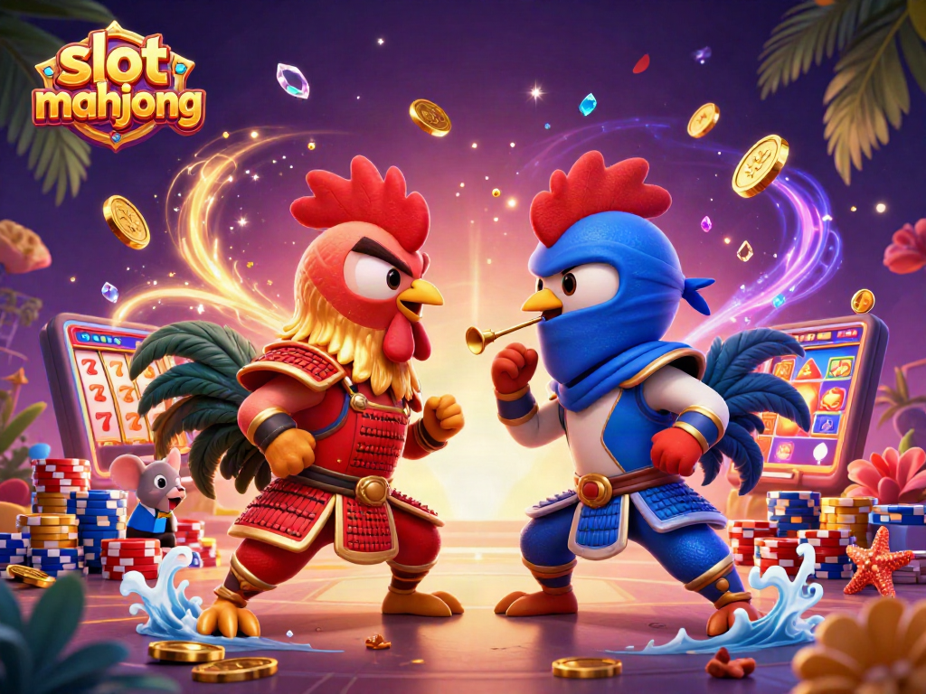 Compete in slot mahjong with a dynamic scene featuring fighting roosters and shining casino elements.