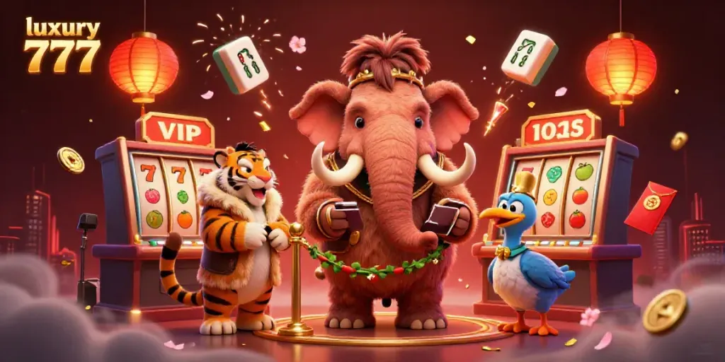 Experience the excitement of luxury 777 gaming with a vibrant 3D illustration of a mammoth bouncer and casino elements.