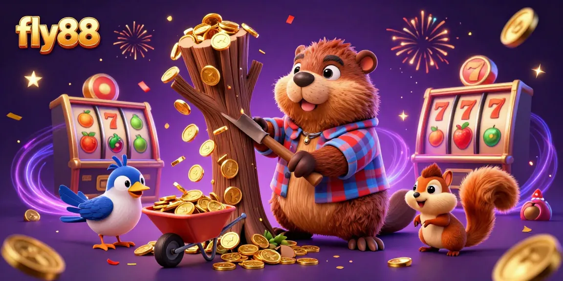 Experience winning fun with fly88 as a beaver collects golden coins amidst a lively casino scene.