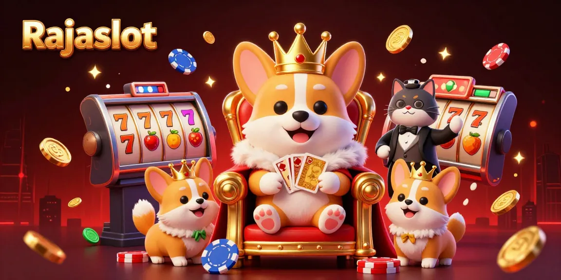 Rajaslot: corgi kerajaan bermain slot dengan elemen jackpot dan koin emas yang melimpah.
