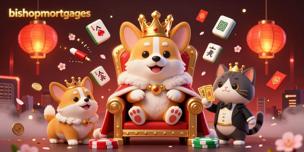 Engaging scene featuring bishopmortgages with a royal corgi on a throne of poker chips, capturing a lively casino atmosphere.