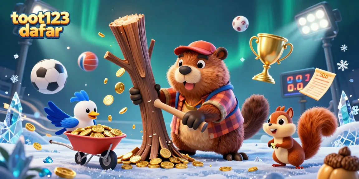 Spin to win with toot123 daftar, featuring a lively scene of cartoon characters collecting coins and enjoying a gaming atmosphere.
