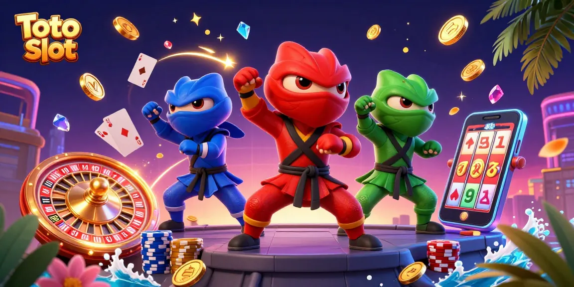Toto Slot characters engaging in thrilling synchronized martial arts atop a vibrant casino rooftop, showcasing action-packed gambling elements.