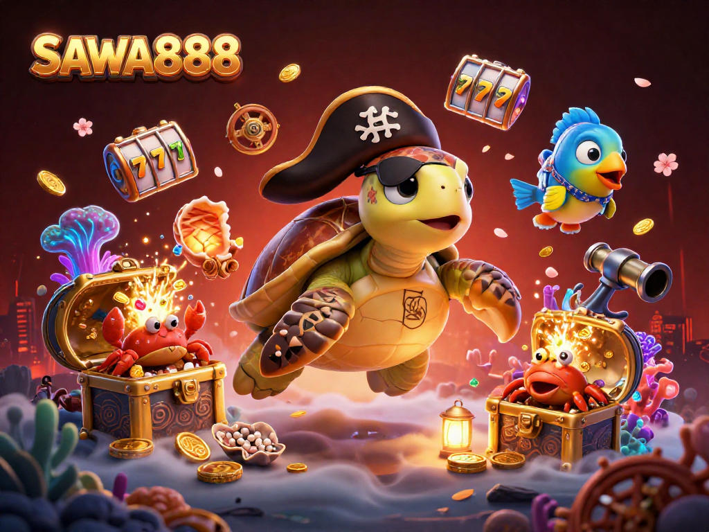 SAWA888 reveals a vibrant scene with a pirate turtle and friends exploring underwater treasure in a magical casino world.