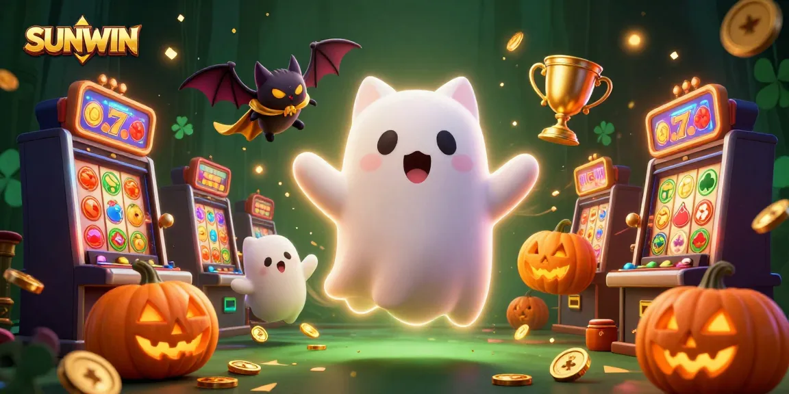 SUNWIN game showcases a friendly ghost cat and bat companion enjoying dynamic casino elements in a vibrant scene.