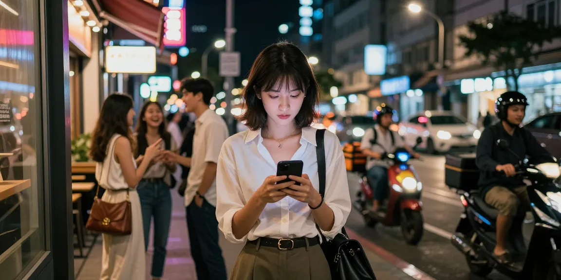 Người phụ nữ trẻ tuổi tương tác với smartphone trong không gian đô thị sôi động, thể hiện phong cách gái gọi.