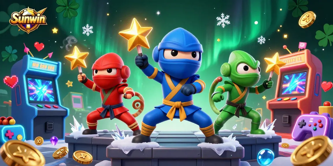 Sunwin casino illustration featuring colorful characters engaging in gaming excitement amid vibrant casino elements.