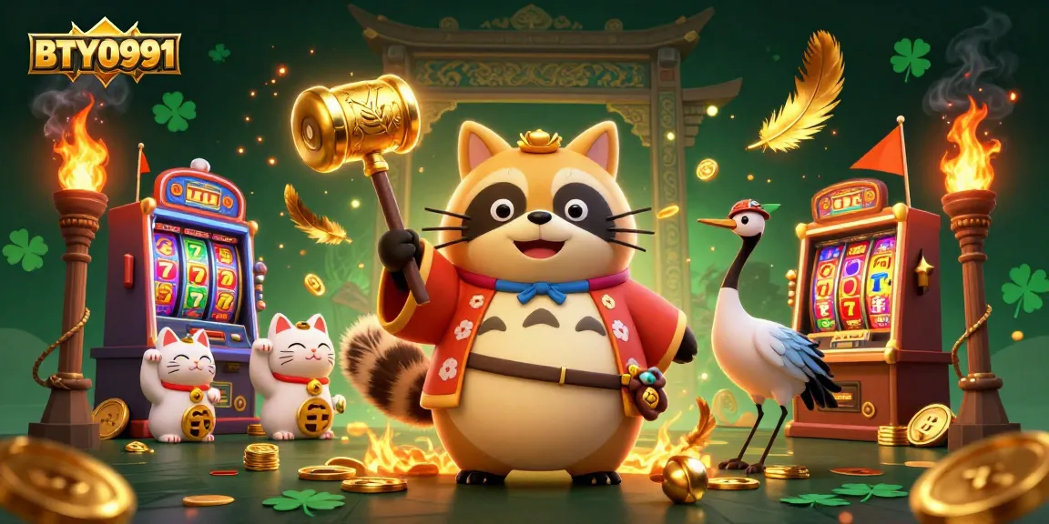 Experience BTY0991's vibrant slot scene with a cheerful tanuki and lucky symbols capturing casino excitement.