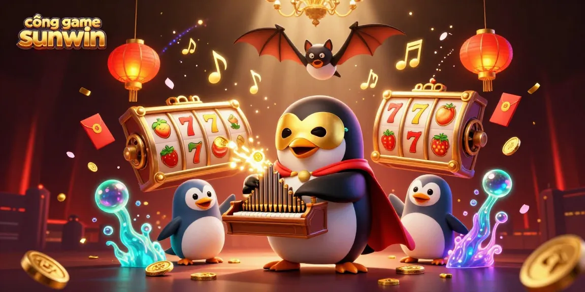 Engage with cổng game sunwin through a vibrant, dynamic casino scene featuring a penguin organist, bat acrobat, and slot elements.