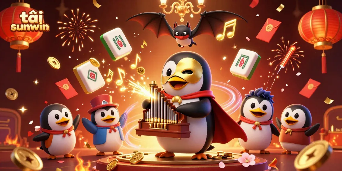 Play and win big at tải sunwin with a vibrant casino-themed illustration featuring a penguin organist.