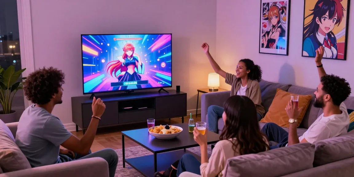 Enjoying hentai games with friends in a cozy living room.