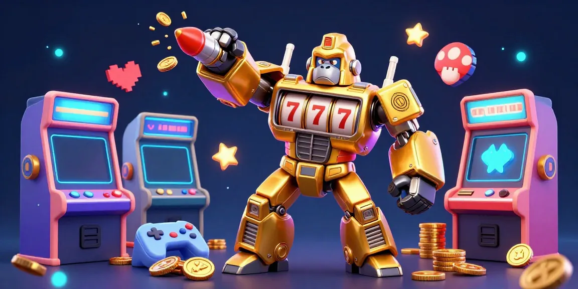 Experience gaming excitement with Link Hitclub featuring a golden gorilla mech and vibrant arcade elements.