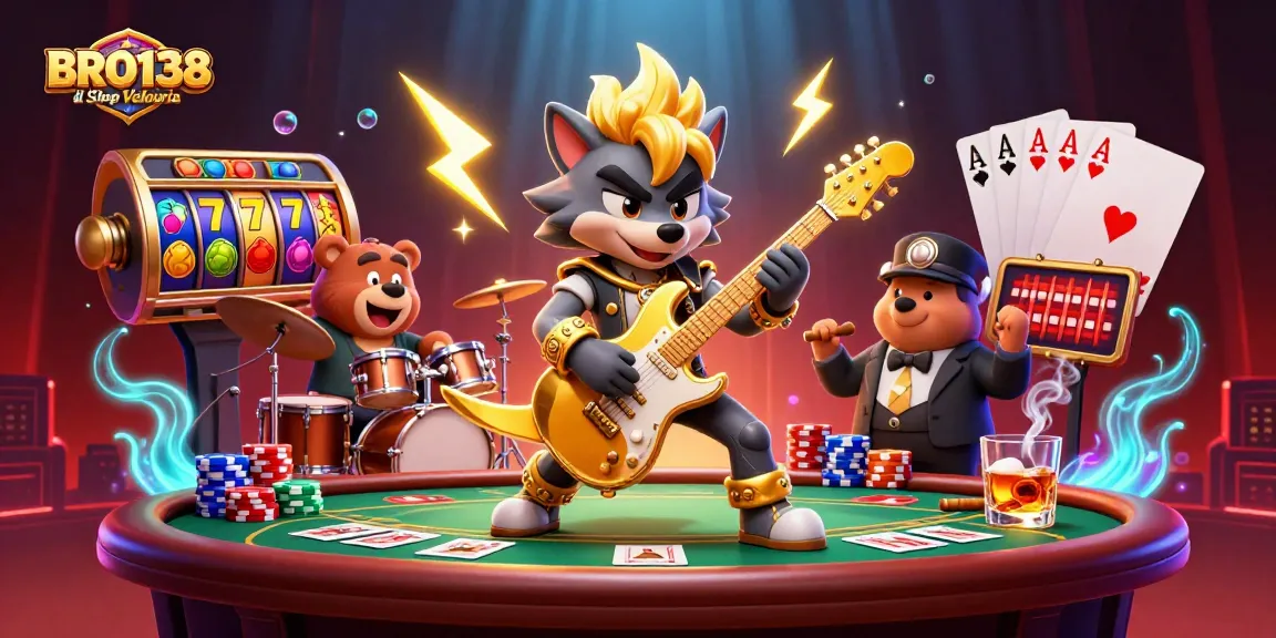 Experience exhilarating wins at BRO138 di Shop Velouria with vibrant slot reels and iconic characters.