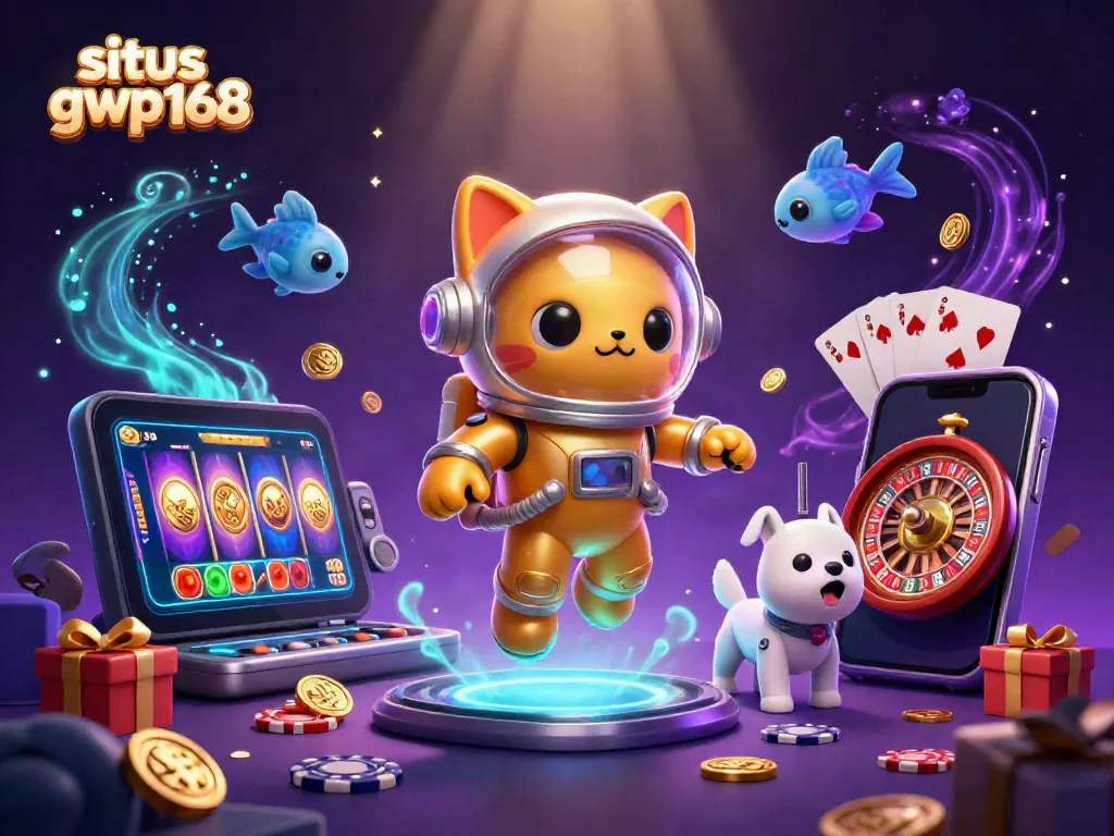 Gambarkan situs gwp168 dengan karakter kucing astronot dan anjing robot, serta elemen permainan kasino