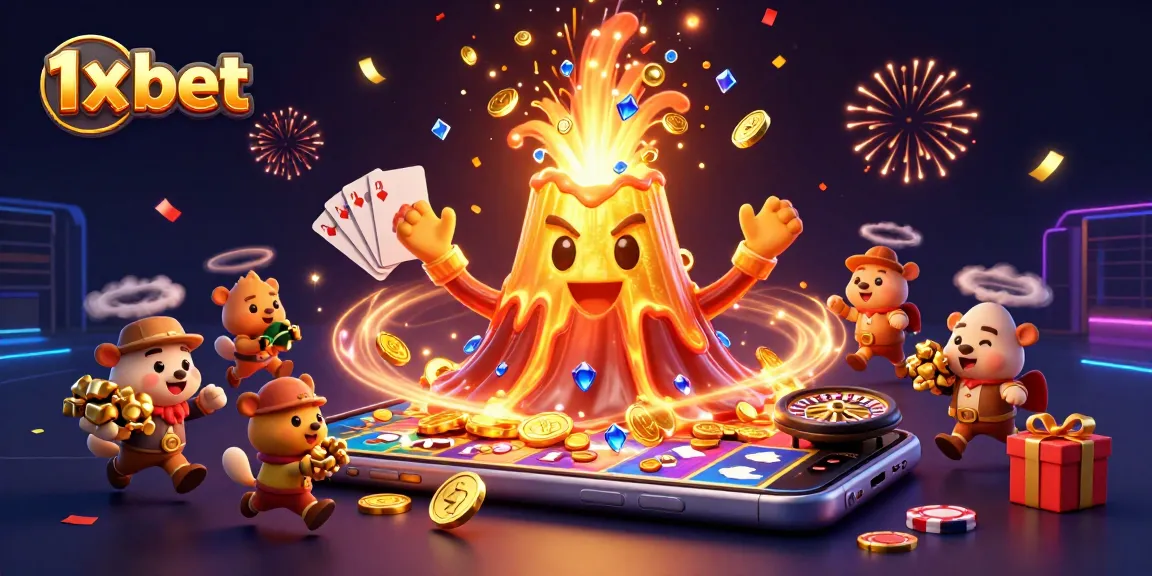 Experience the thrill of 1x bet with a golden volcano erupting treasure in this vibrant illustration.