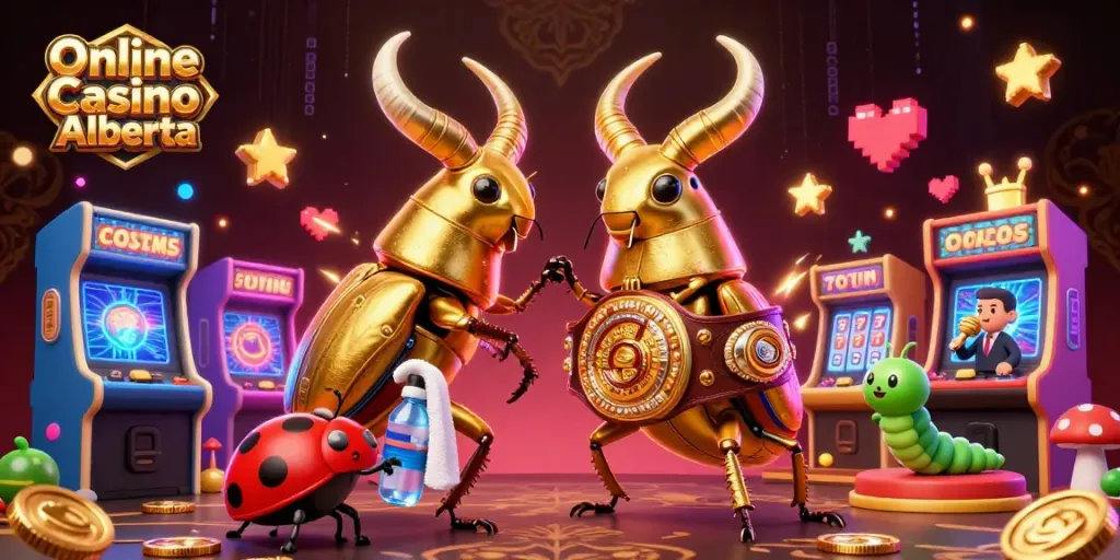Engage with exciting games at Online Casino Alberta in a vibrant 3D scene featuring dynamic characters.