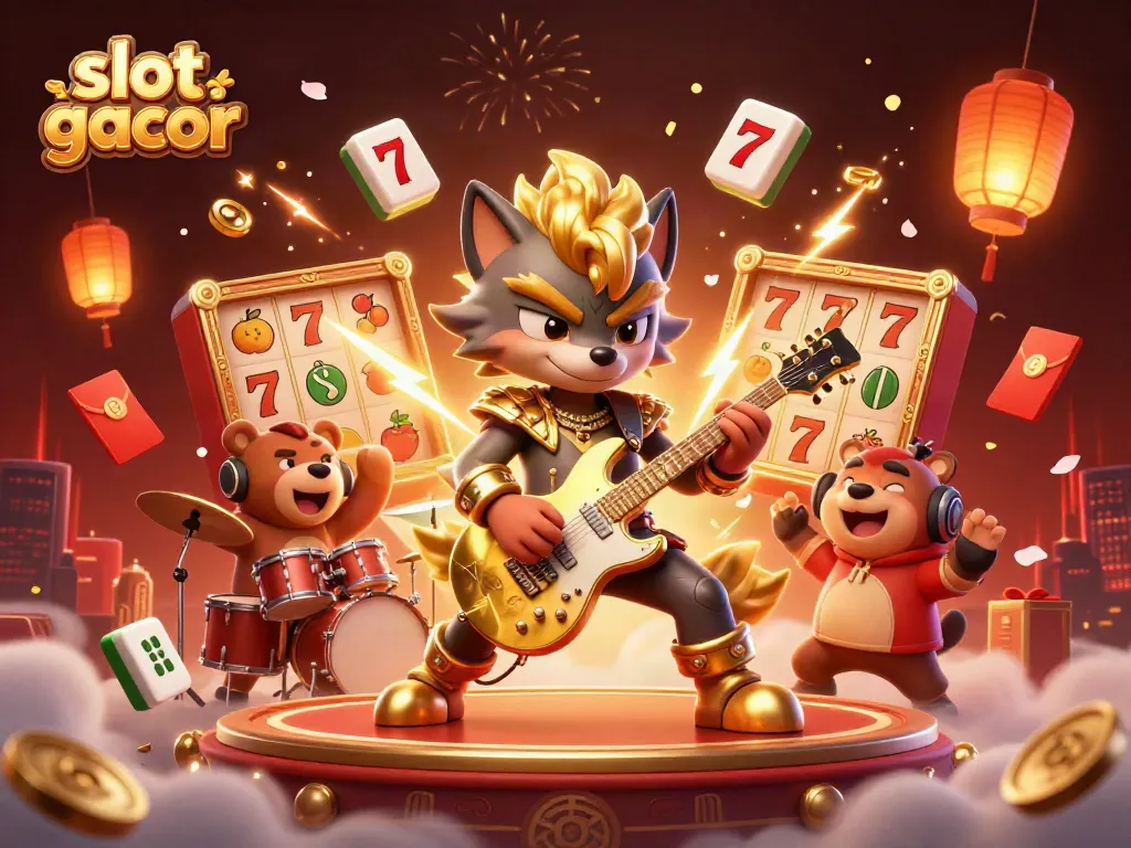Engaging scene depicting a rock star wolf and a lively bear in a vibrant casino setting featuring slot machines, showcasing slot gacor