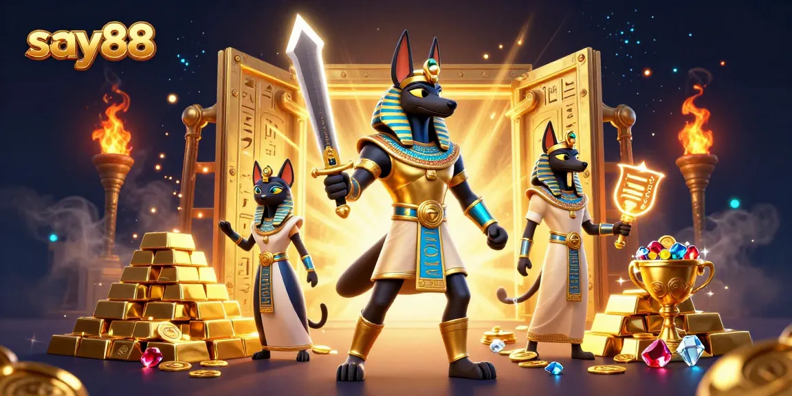 Experience the thrill of say88 with an ancient Egyptian-themed casino scene featuring Anubis and treasure.