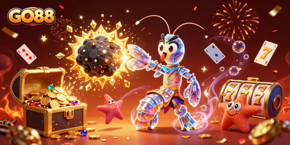 Experience thrilling wins with GO88 in this vibrant casino-themed 3D illustration