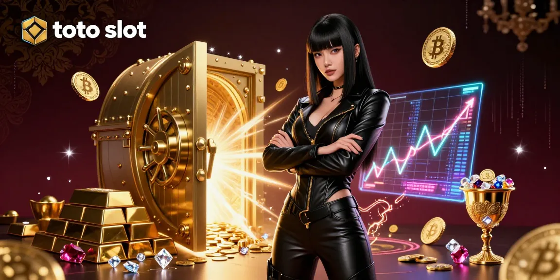 Experience the excitement of toto slot with a stunning woman amidst gold treasures and neon lights in a vibrant casino scene.