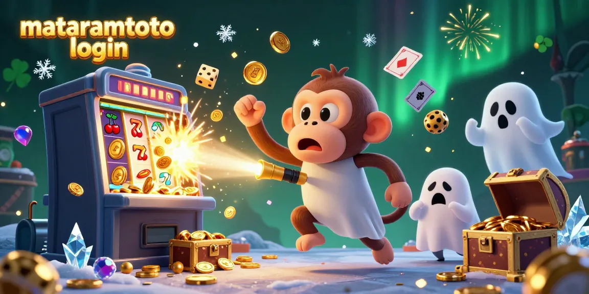Engage in thrilling slots with the mataramtoto login showcasing a playful poltergeist monkey juggling gold in a vibrant casino atmosphere.
