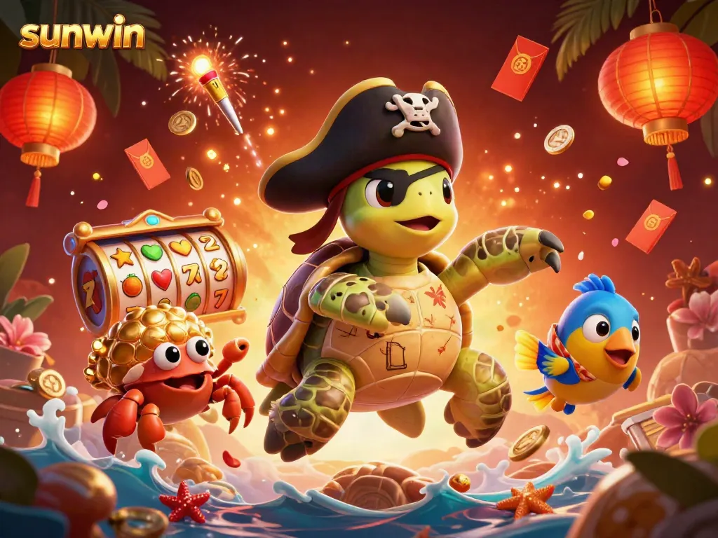 Exciting sunwin-themed image featuring a pirate turtle and treasure elements with casino motifs.
