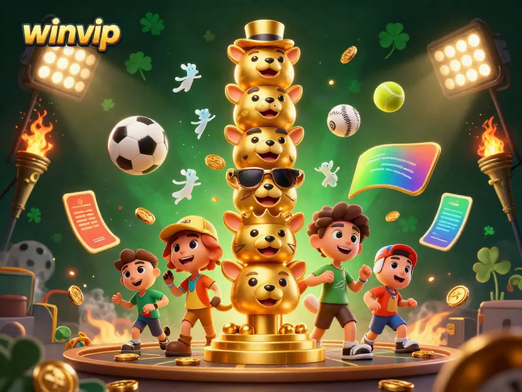 Play exciting games with winvip's golden totem and sports elements in a vibrant casino scene.