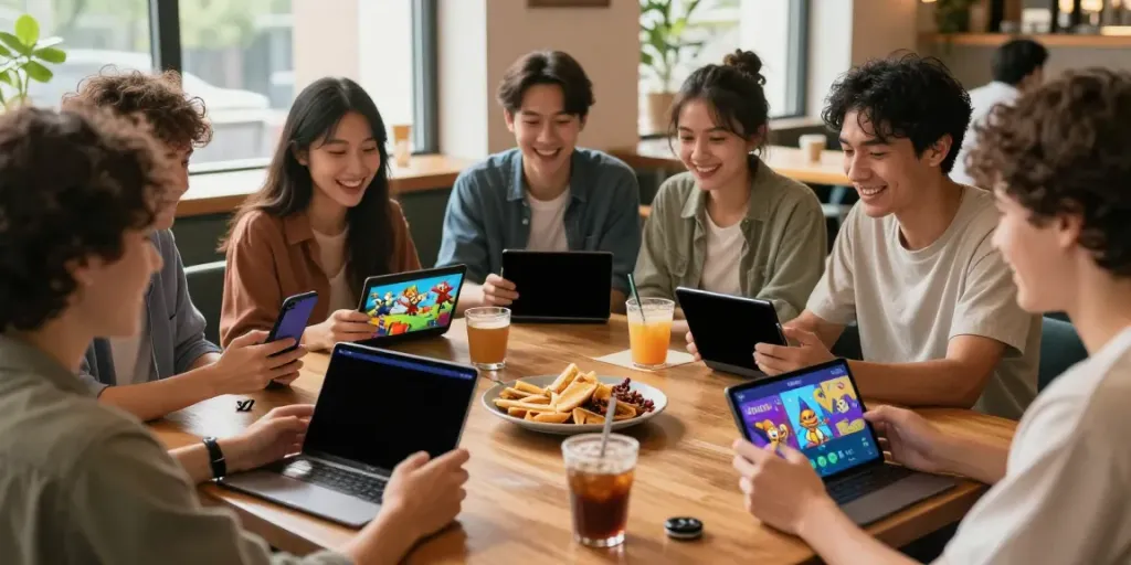 Group enjoying yono games on a smartphone at a café, showcasing a lively atmosphere.