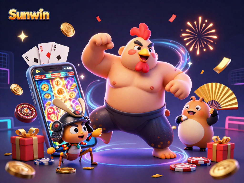 Experience high-energy gaming at Sunwin with dynamic characters and vibrant casino elements.