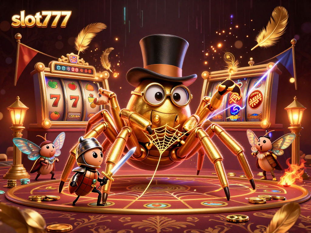 Win big with slot777! A playful casino scene featuring a giant golden tarantula and beetle knight.